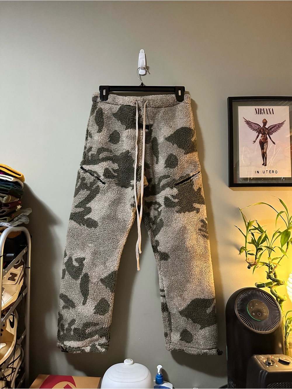Essentials Olive Green & Taupe Camo Sherpa Joggers